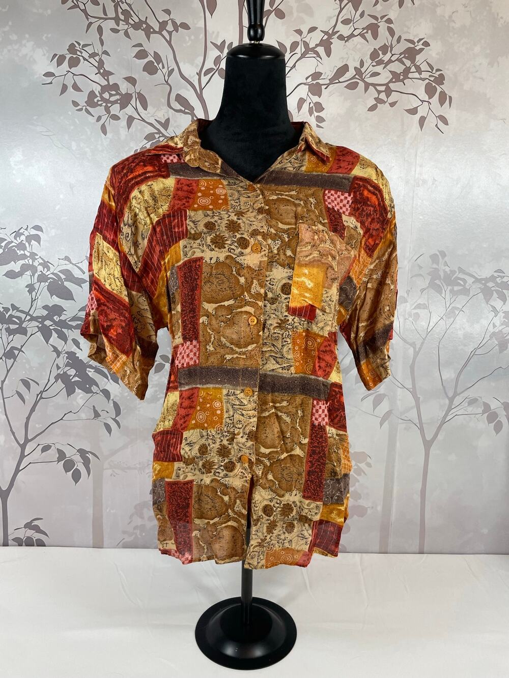 Tina Vintage 90s Rayon Patchwork Button Front Top Shoulder Pads Earth Tone L